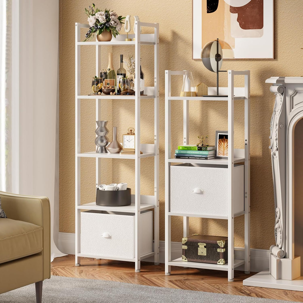 Furologee White 4 Tier Bookshelf with Drawer, Small Narrow Bookcase with Shelves, Modern Free Standing Shelf Unit, Wood and Metal Display Storage Shelves Organizer for Bedroom, Living Room, Entryway