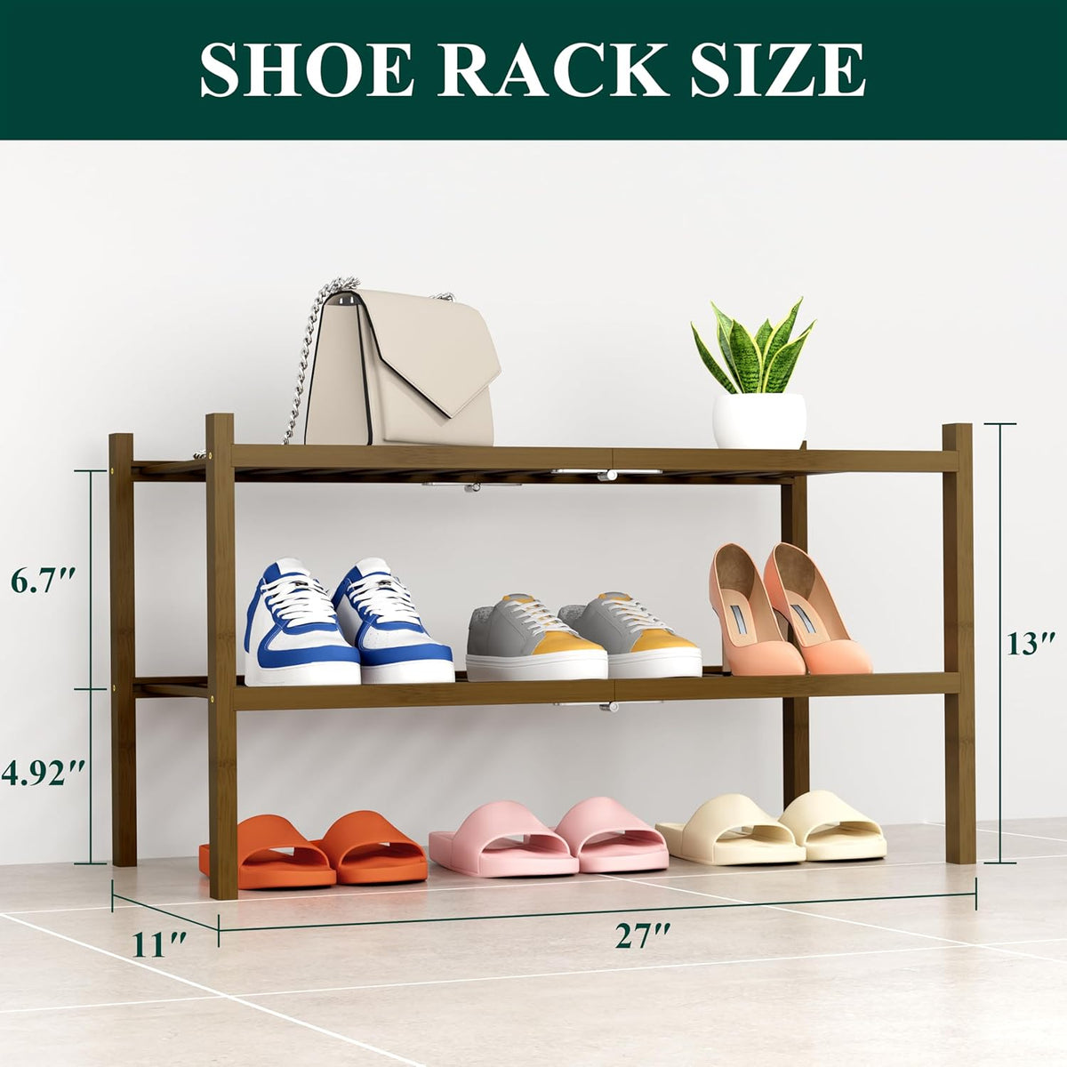 Smiry Shoe Rack, 2 Tier Thick Bamboo Shoe Organizer, Stackable Free Standing Wooden Shoe Storage Shelf for Closet, Entryway, Front Door Entrance, Walnut