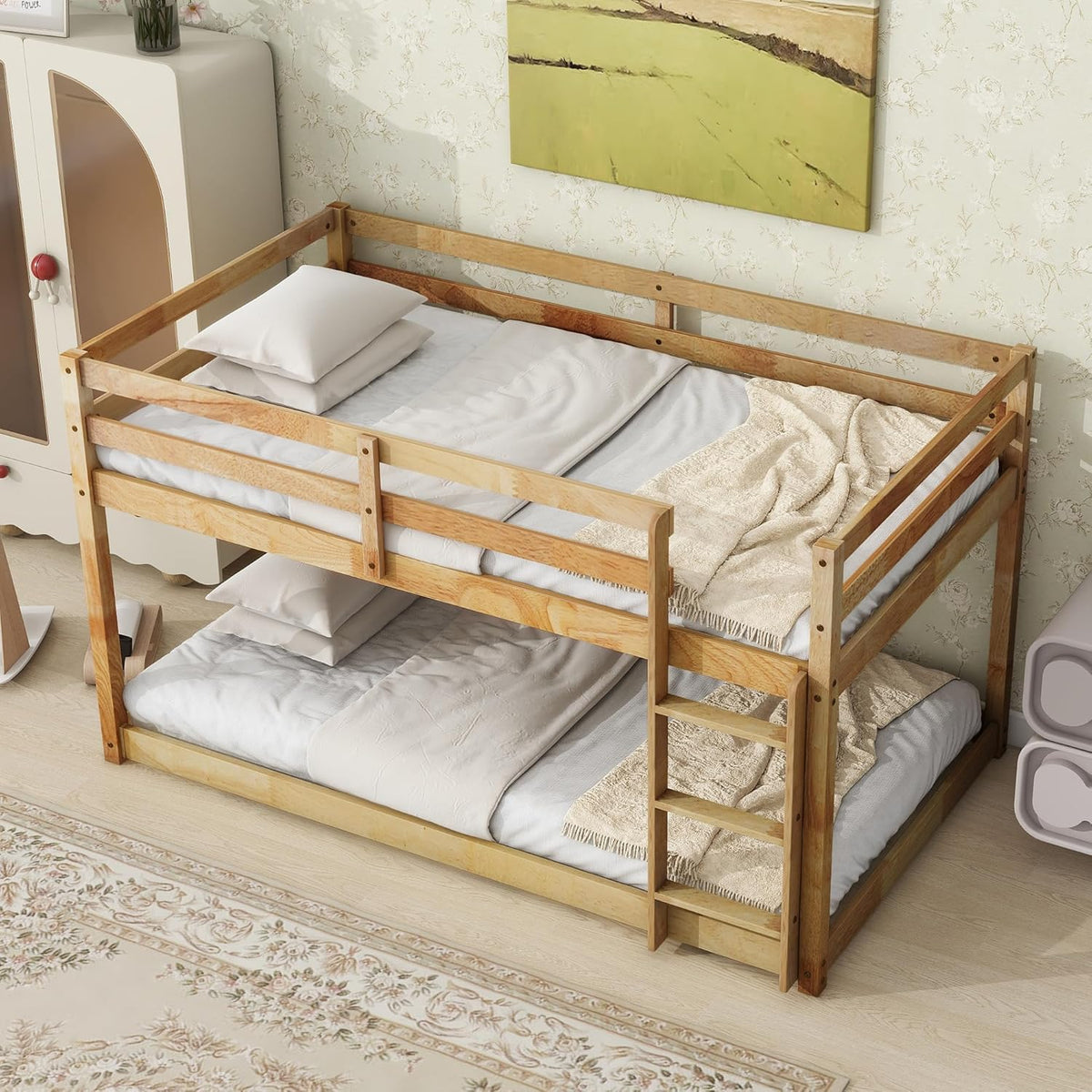 Ball & Cast Bunk Bed Twin Over Twin,Floor Bunk Bed with Ladder,Solid Rubber Wooden Bed Frame w/Full Length Guardrail,for Dormitory, No Box Spring Needed,for Kids Teens,Natural