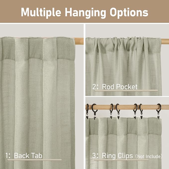 LAMIT Sage Grey Linen Boho Curtains 68 inch Length 2 Panels, Light Filtering