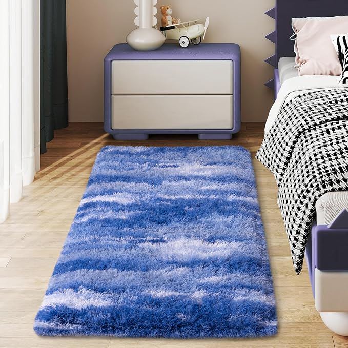 Soft Runner Rugs for Bedroom Hallways, 2x4 Abstract Blue White Fluffy Shag