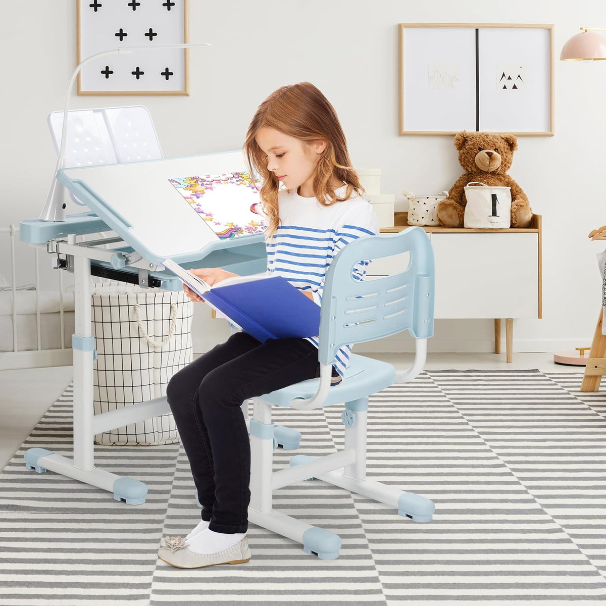 Rengue Kids Desk and Chair Set Height Adjustable School Study Desk and Chair with 55° Tiltable Desktop, 3 Modes &3 Brightness LED Lamps, Storage Drawer and Metal Hook for Boys Girls Gifts (Blue)