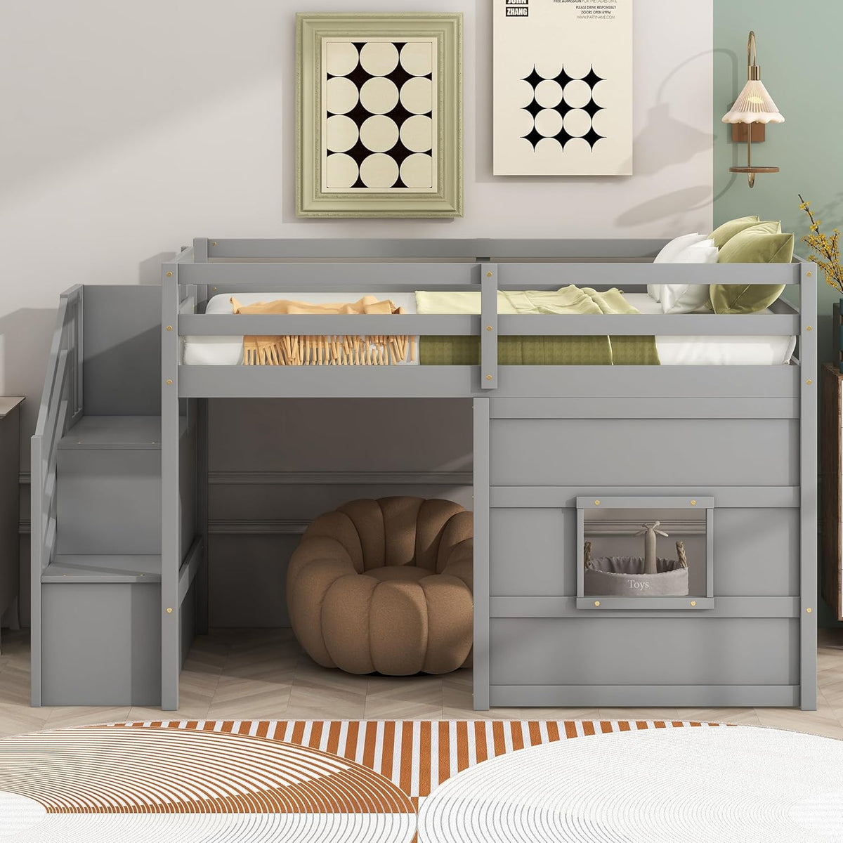 Twin Size Loft Bed with Storage Staircase and Window,Wood Twin Loft Bunk Bedframe with Full-Length Guardrail and Sturdy Slat Support, No Noise,No Box Spring Needed,for Kids,Teens,Boys,Girls,Gray