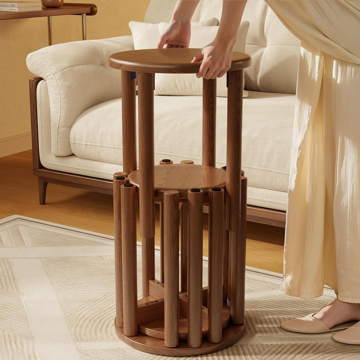 Stackable Stools Set of 4, Wooden Stools 18 Inch Stool Nesting Side Tables Nesting Coffee Table Sturdy and Durable, No Installation Required,Top Stackable Round Stool for Saving space(Walnut Barstool)