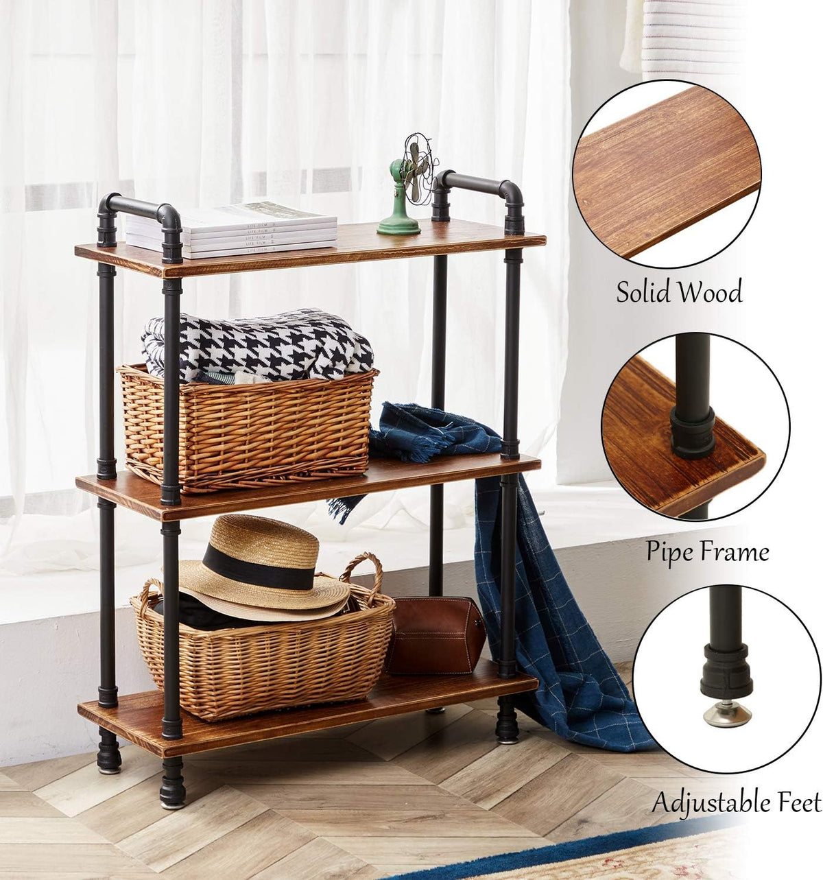 Industrial Bookshelf, 3 Tier Pipe Shelving, Industrial Pipe Shelf - Rustic Brown, 29.5" L x 11.8" W x 39" H