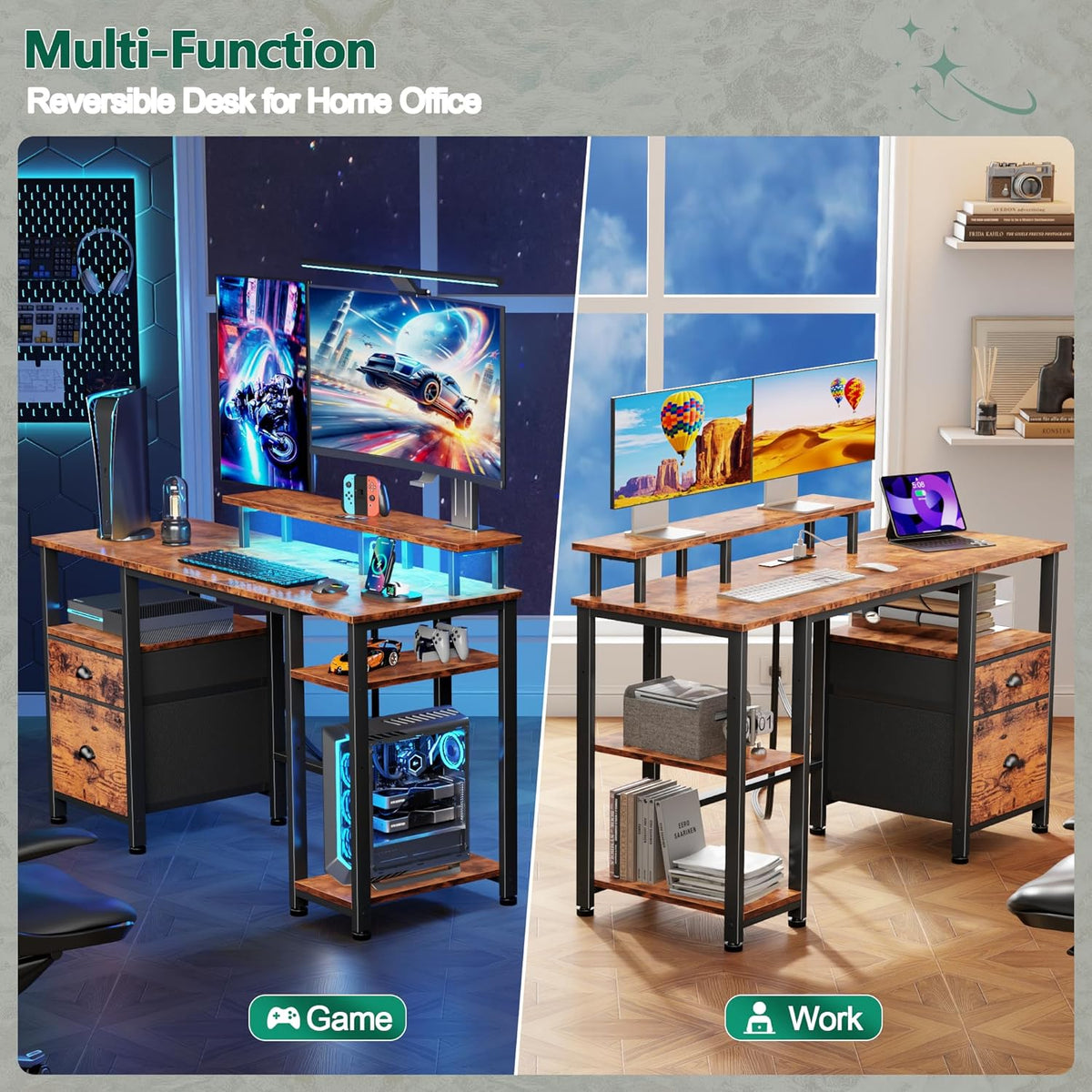 Furologee 51" Computer Desk with Power Outlet and LED Lights, Reversible Home Office Desk with File Cabinet & Monitor Stand, Large Gaming Table with Storage Shelves & Drawer, Rustic Brown