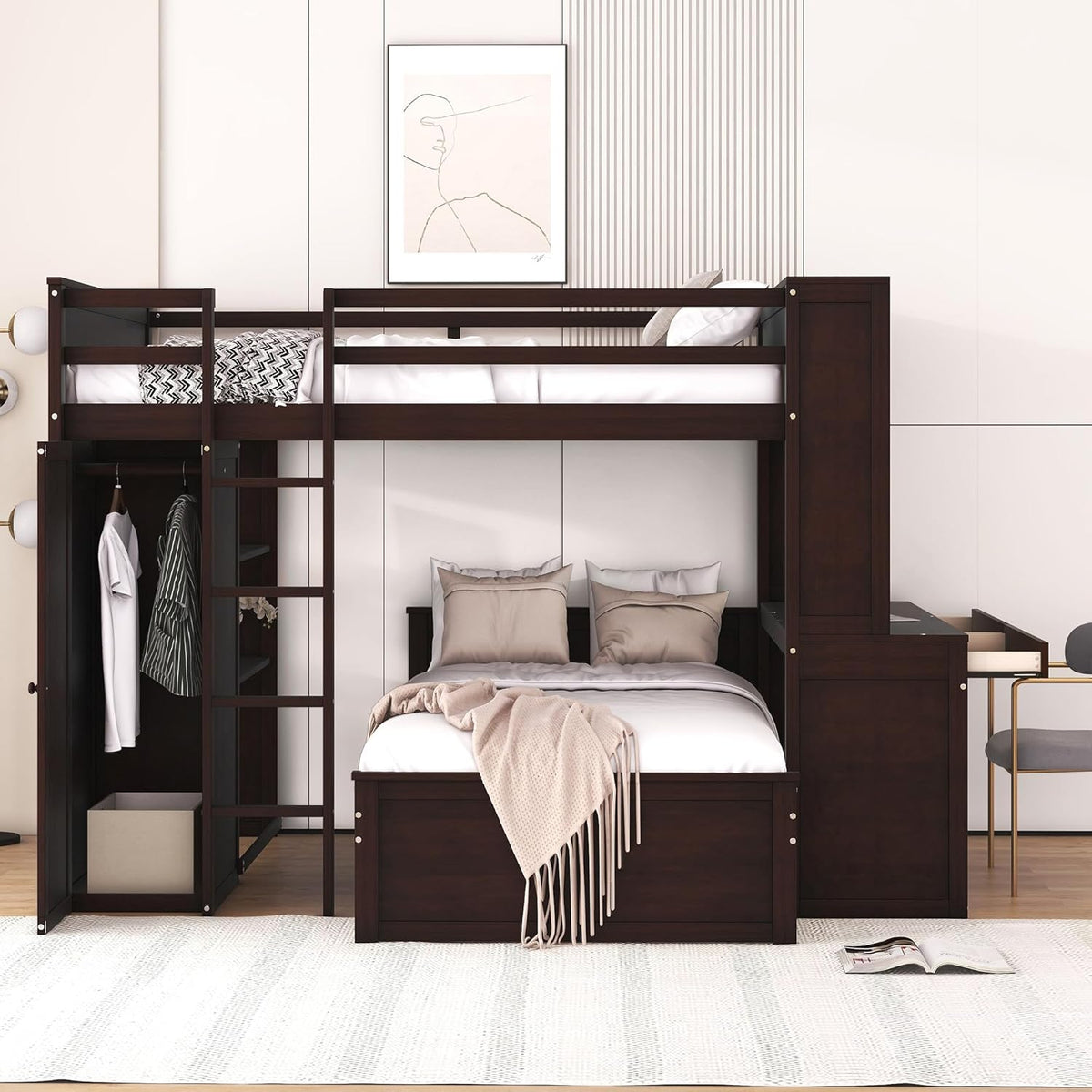 Full Size Loft Bed with Wardrobe Desk and Shelves,Solid Wood Bunk Stand-Alone Platform Bedframe,w/Safety Guardrail,for Kids Teens Adults Bedroom,Espresso