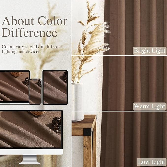 Caramel Brown Linen Curtains for Living Room Extra Long 132 Inches Long Back