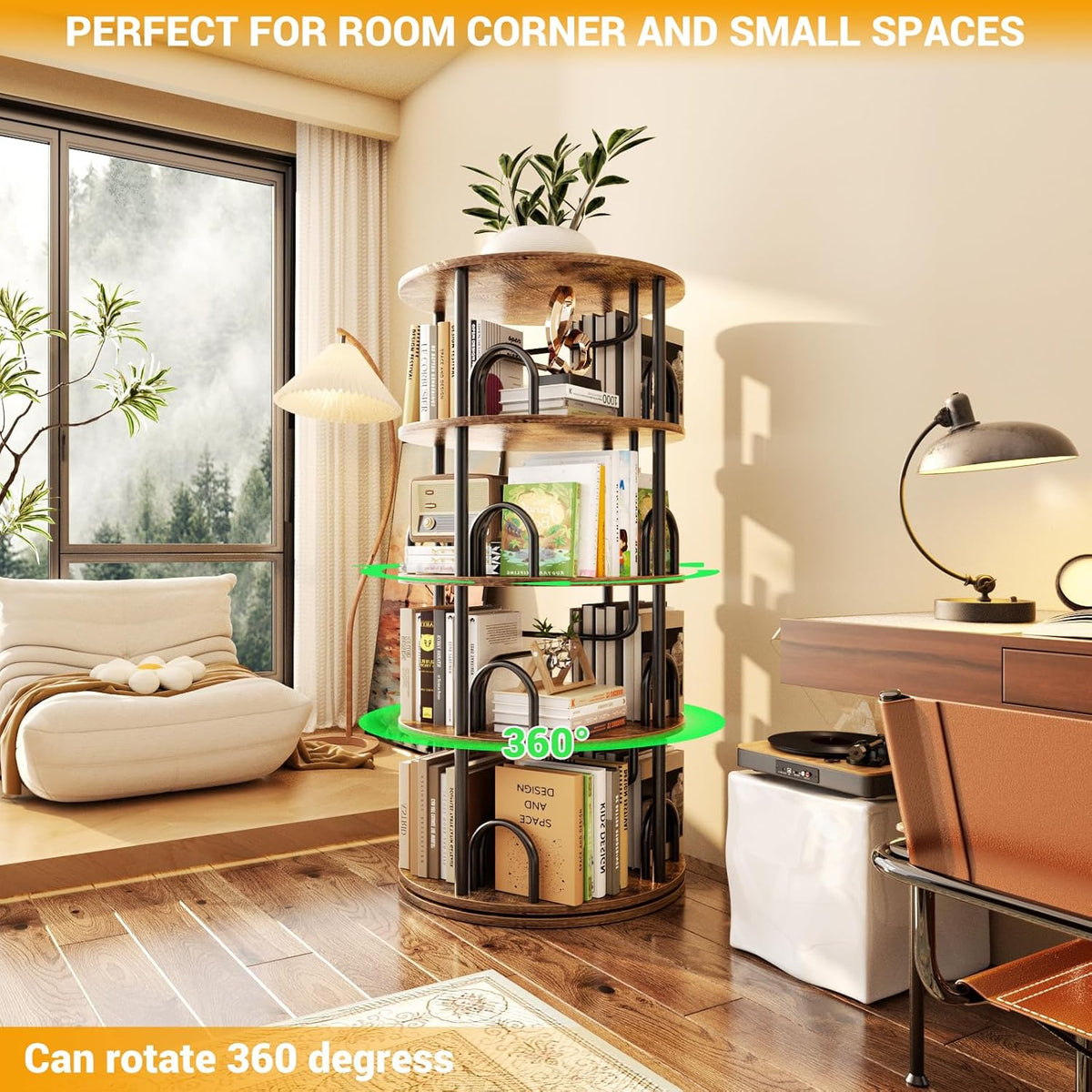 Aheaplus 4 Tier Rotating Bookshelf Tower, 360 Display Spinning Bookcase, Revolving Round Book Shelf Narrow Swivel Bookshelf, Vertical Turning Corner Book Organizer for Small Space, Rustic Brown