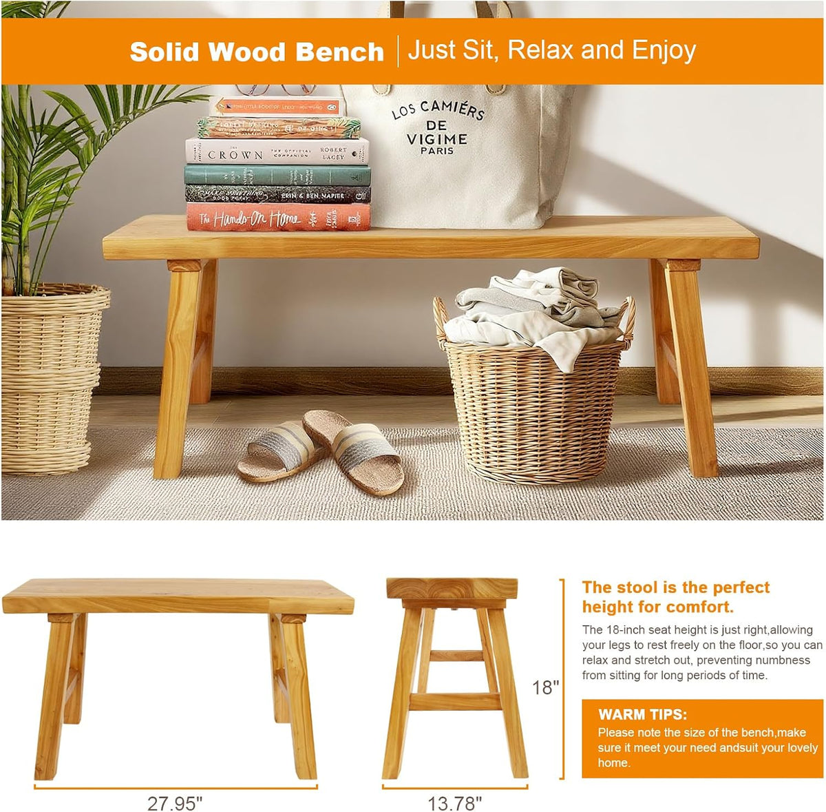Farmhouse Solid Wood Bench: Long Rustic Indoor Narrow Wooden Bench for Entryway,Living Room, Dining Room,End of Bed,Hallway (39" Lx10 Wx18 H)