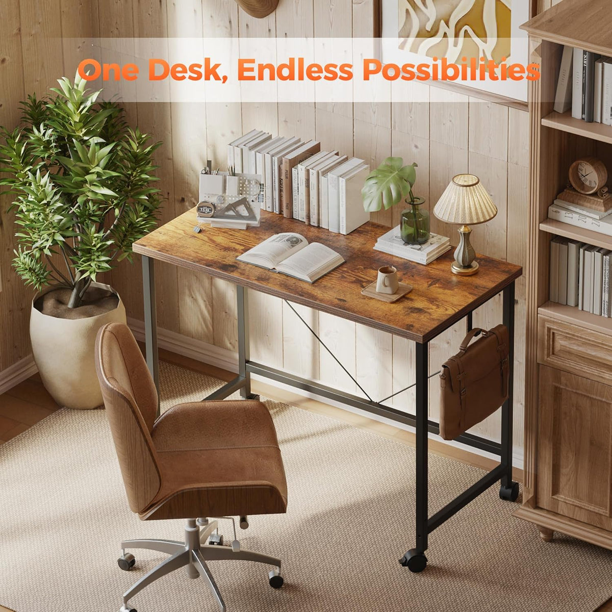 Rolling Computer Desk with Wheels, Gaming Desk for Small Spaces, Modern Simple Style Table for Home Office, Study Writing Table (Caster, Rustic Brown, 32 inch)