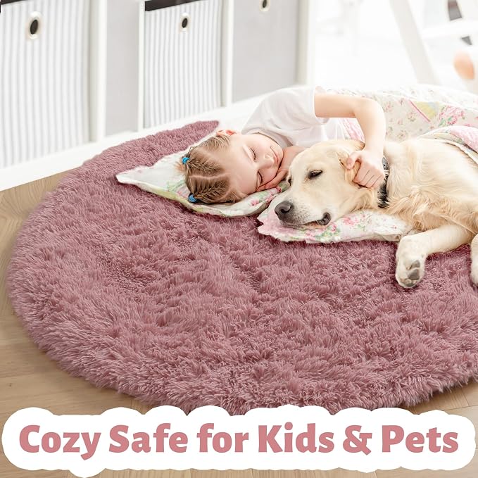 Amdrebio Blush Fluffy Round Rug 4Ft