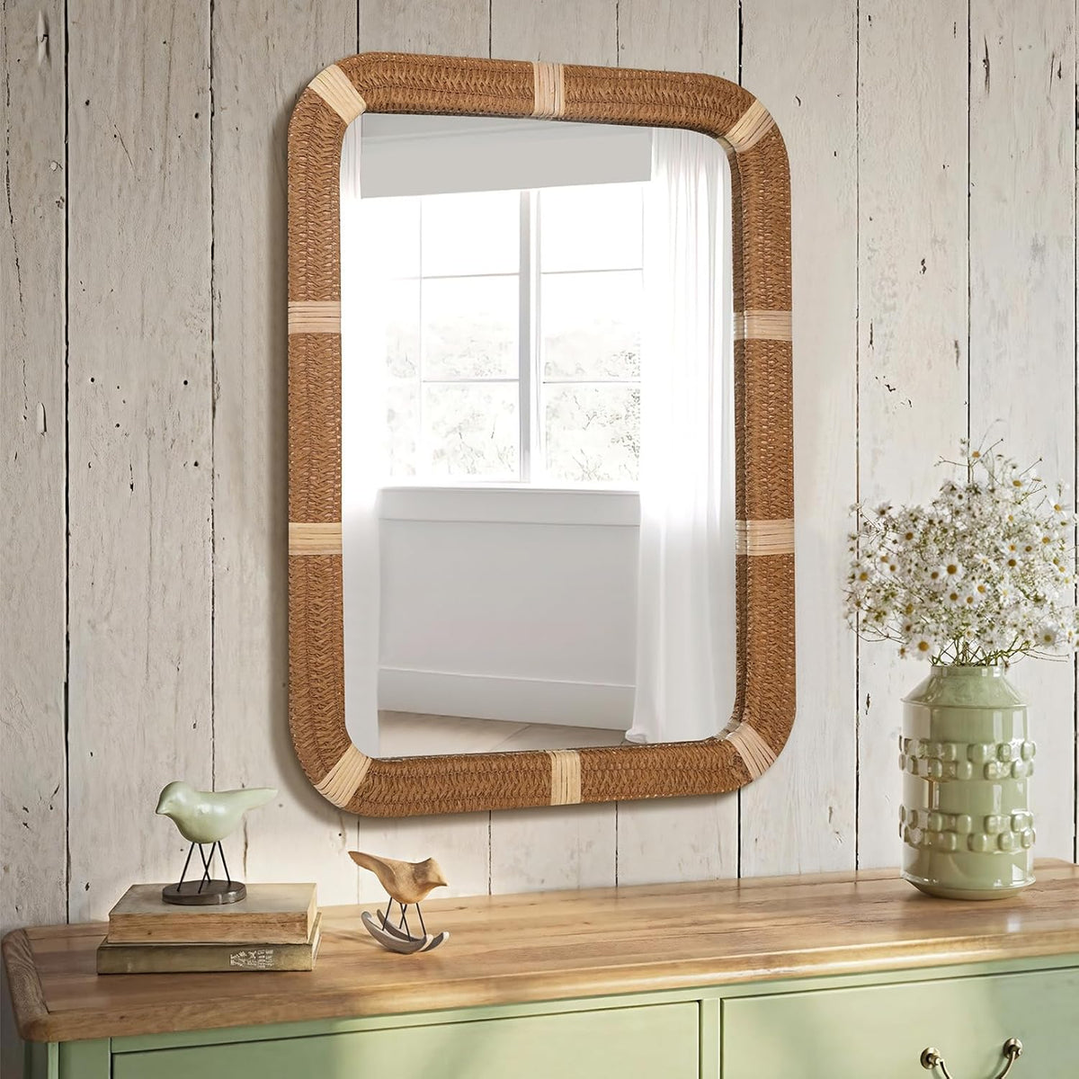ULIKE Rectangle Rattan Wall Mirror, 22x30 Inch Rustic Farmhouse Wall Decor with Wicker Frame, Boho Mirror for Nursery Bathroom Bedroom Living Room Entryway
