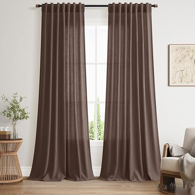 Nanspring Cappuccino Linen Blend Light Filtering Back Tab Curtains 96 Inches