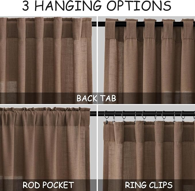 Caramel Brown Linen Curtains for Living Room Extra Long 112 Inches Long Back