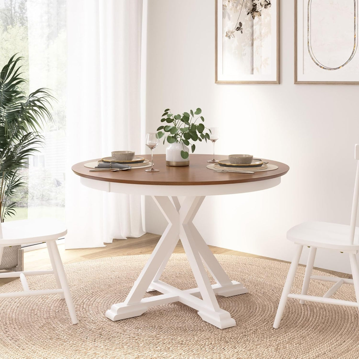 Bush Furniture Round Dining Table, 45 inch Trestle Design, Modern Transitional, West End Collection, Dark Brown and White