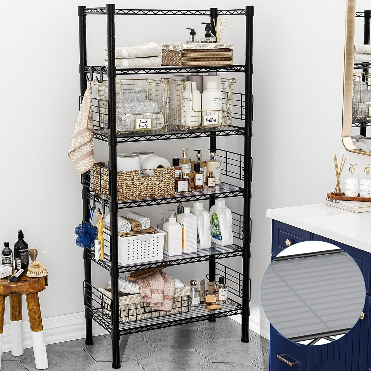 Metal Storage Rack, Storage Organizer Shelves for Kitchen, Bathroom, Living Room, Balcony and Garage, 5 Tiers Narrow Bookshelf, 21.2" W x 9.4" D x 59.2" H, Load 400lbs, Black