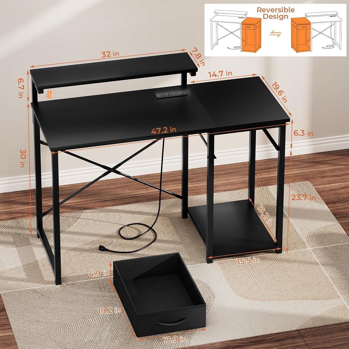 Computer Desk with Adjustable Monitor Stand, 47.2 in Small Desk with Reversible Storage Shelves, Office Desk with Spacious Desktop Spaces for Home Bedroom Workstation, Black