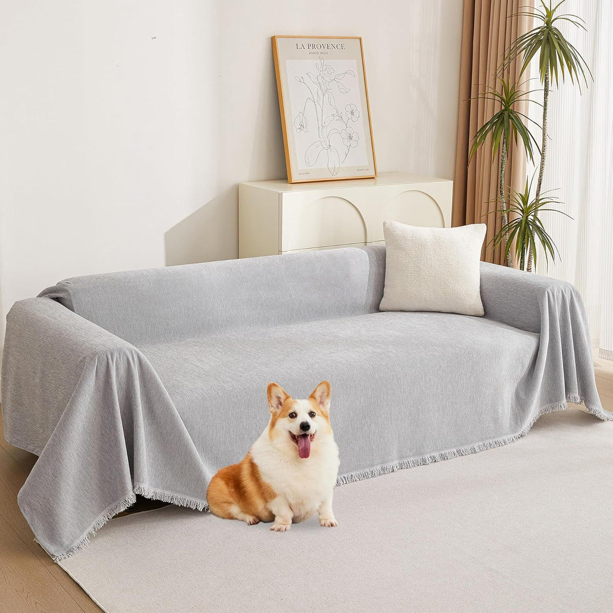 MYSKY HOME Sofa Cover for Dogs, Washable, Boho, Thick & Durable Sectional Couch Covers, Furniture Protector, 71"x 150", Light Gery