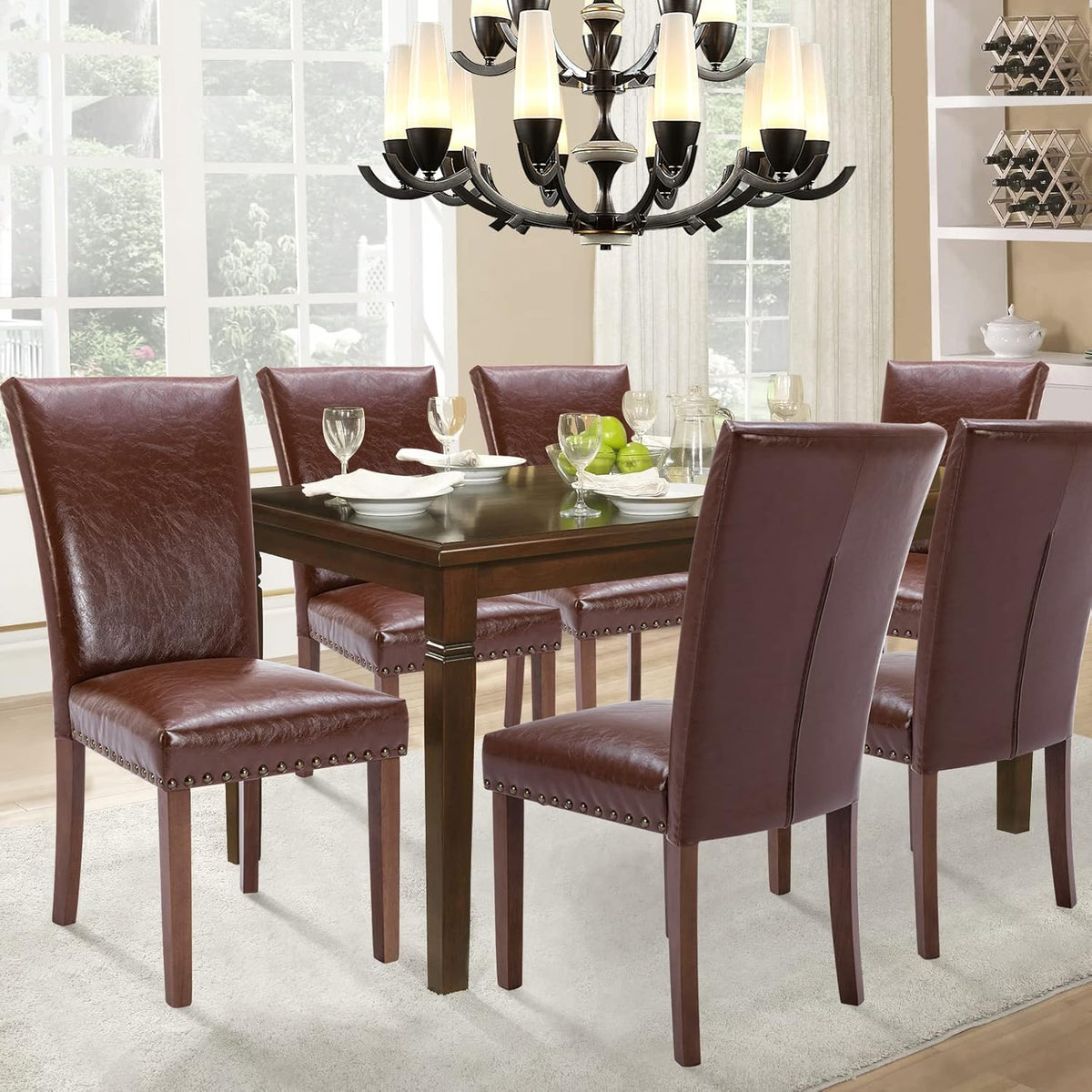 Parsons Dining Chairs Set of 6, Upholstered Nailhead PU Leather Dining Room Kitchen Side Chair with Thick Cushions and Wood Legs, Light Brown