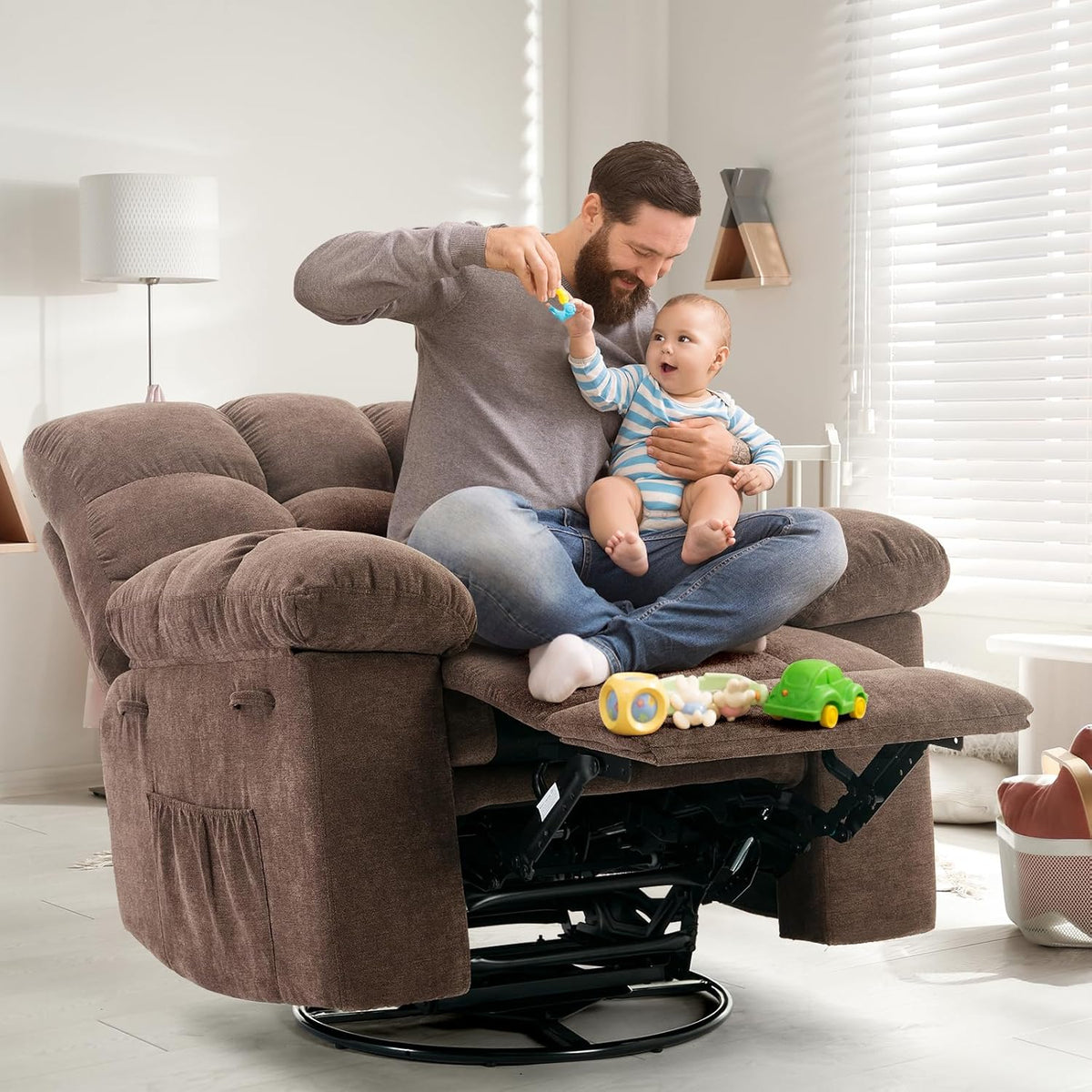 Rocking Recliner Chair,360° Swivel Rocker Chair for Living Room,Upholstered Fabric Glider Nursery Chair with Side Pockets for Small Spaces,Q235 Steel Frame Lazy Boy Recliner Single Sofa(Brown)