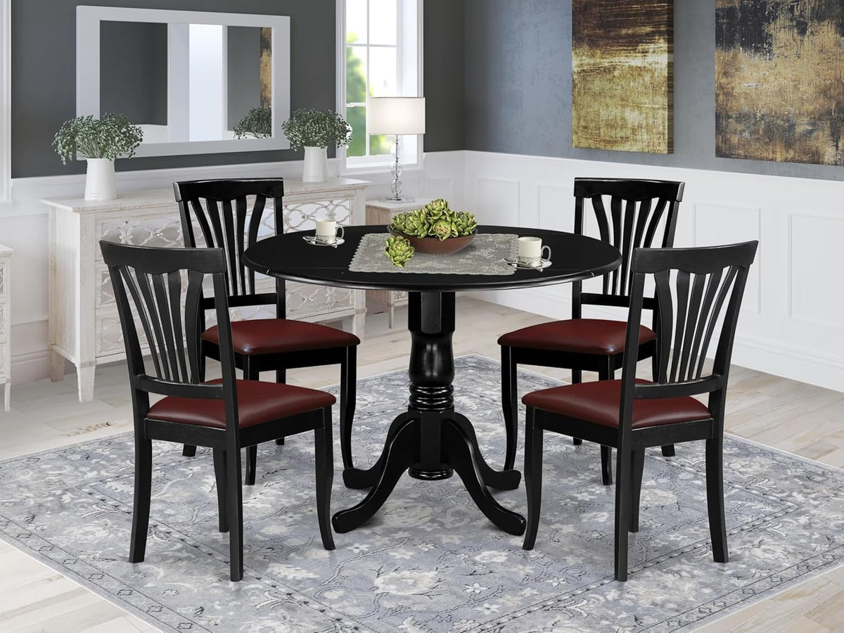 East West Furniture DLAV5-BLK-LC 5 Piece Modern Dining Table Set Includes a Round Wooden Table with Dropleaf and 4 Faux Leather Upholstered Dining Chairs, 42x42 Inch, Black