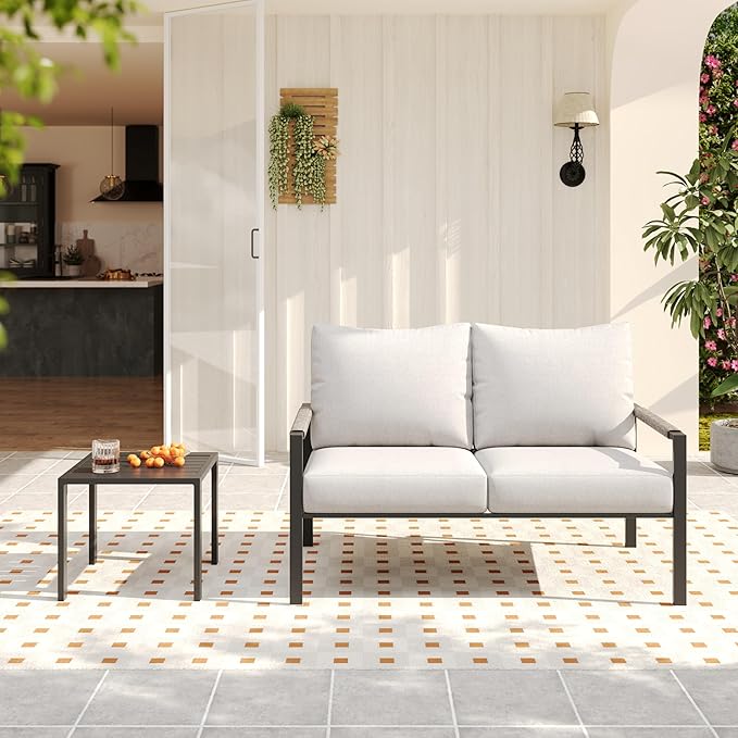Sundale Outdoor 2 Pieces Metal Outdoor Furniture Set, Patio Loveseat with 6 Inch Cushions and Coffee Table, All- Weather Patio Sofa for Garden, Backyard, Porch or Balcony, Light Grey