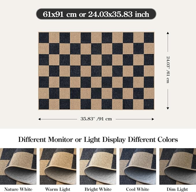 Lahome Colette Checkered Easy Jute 2x3 Rug, Small Entryway Rug Non Slip Kitchen