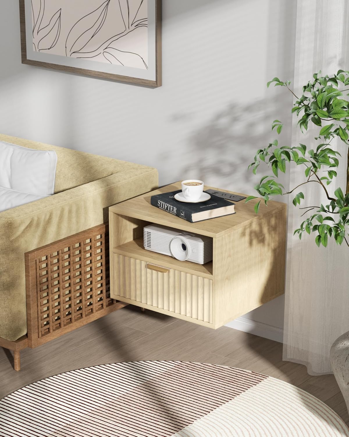 Floating Nightstand Set of 2 - Fluted Night Stand with Charging Station Wood Wall Mounted Nightstand with Drawer & Open Shelf, Modern Bedside Table Large End Table for Bedroom Closet