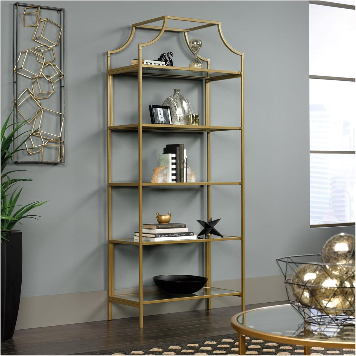 Sauder International Lux Bookcase/ book shelf, Satin Gold finish