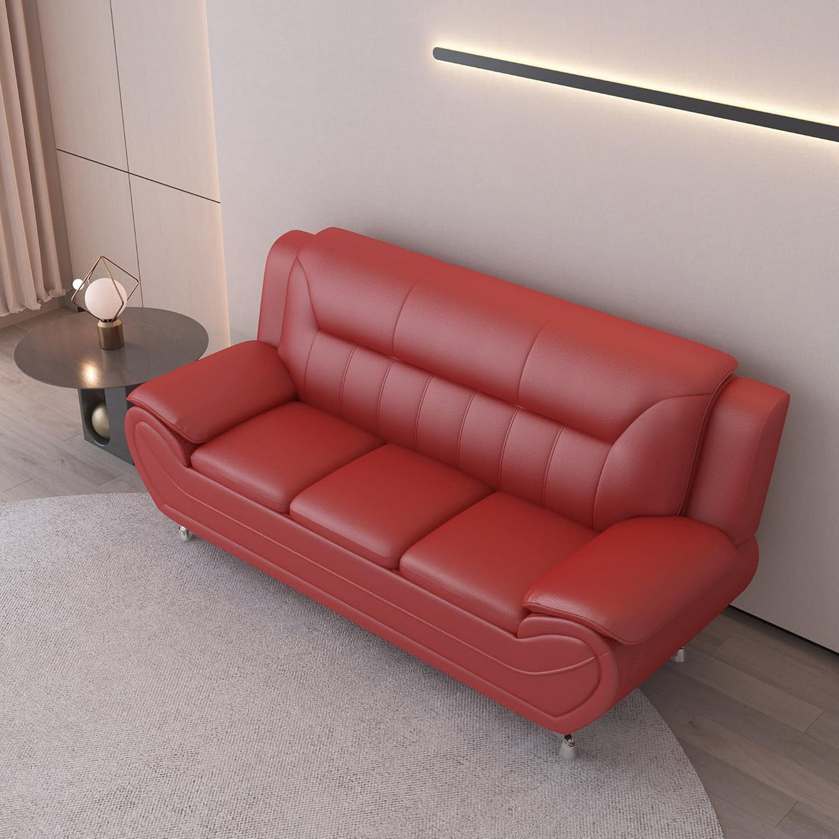 Container Furniture Direct Michael Modern Faux Leather Upholstered Stainless Steel Legs Living Room Sofa, Red