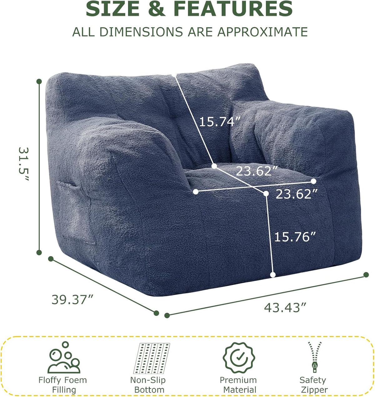 HIGOGOGO Giant Bean Bag Chairs for Adults,Big Comfy Chair Sofa for Bedroom Living Room, Large Lazy Bean Bag Chair with Pocket Armrests for Gaming, Reading