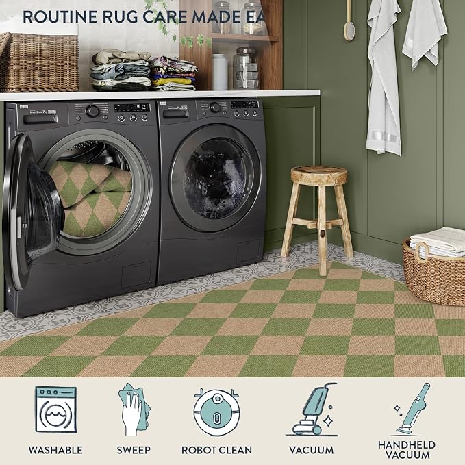 Lahome Colette Green Checkered Easy Jute Rug, 3x5 Washable Outdoor Rug Neutral