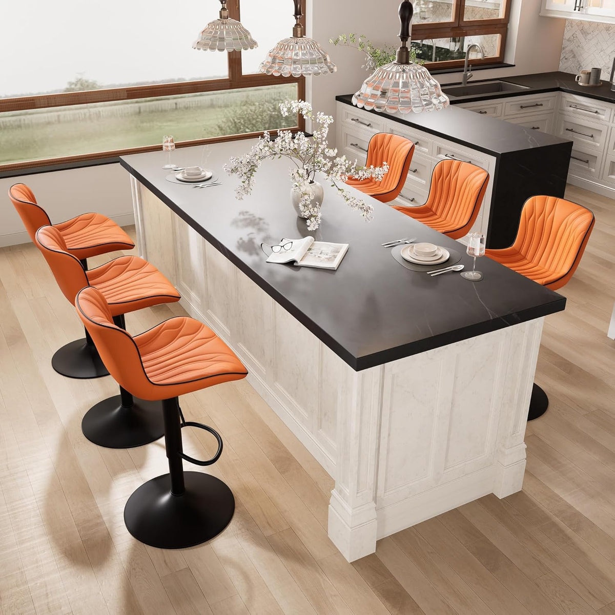 YOUNIKE Orange Bar Stools Set of 6 Modern Swivel Counter Height Bar Chair with Back Adjustable Kitchen Island Faux Leather Padded Barstools taburetes de bar Breakfast sillas para barra de cocina 6PCS