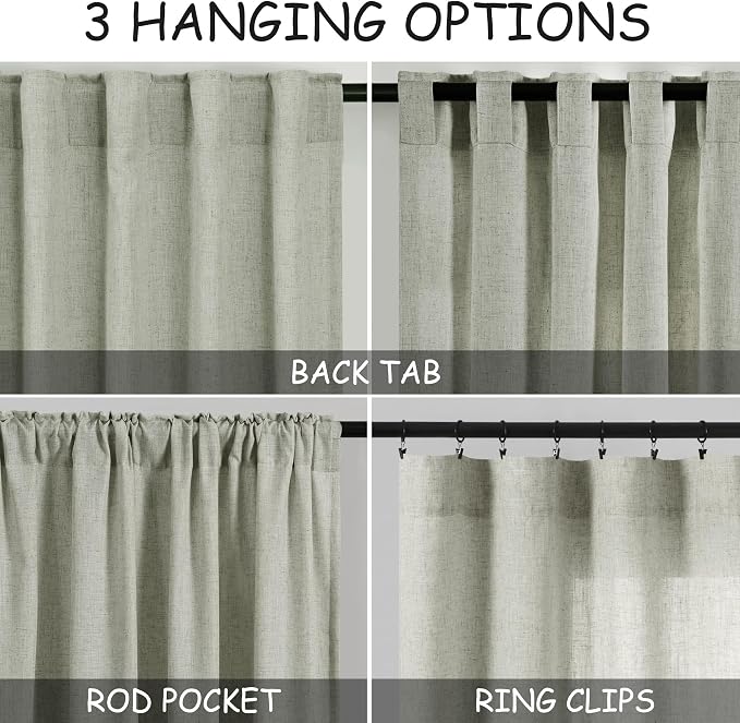 Sage Green Linen Textured 96 Inch Curtains 2 Panel Set Back Tab Rod Pocket