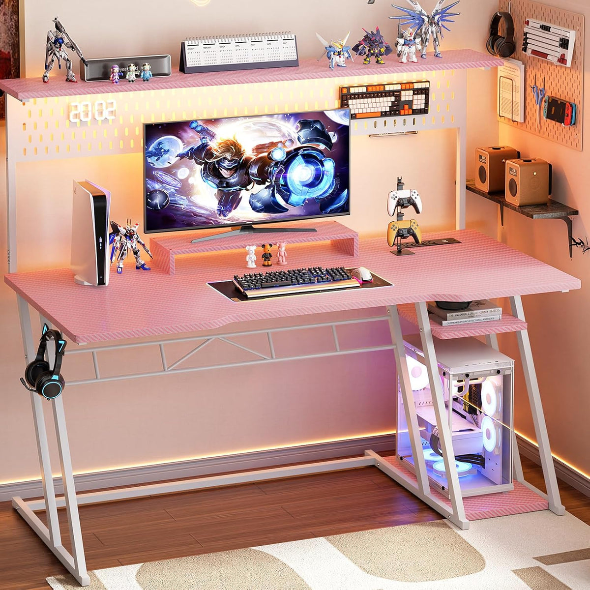 Armocity Pink Gaming Desk with Hutch and LED Lights, 53" Computer Desk with Storage Shelves, Reversible PC Gaming Desk with Pegboard, Gamer Desks for Bedroom, Carbon Fiber Surface