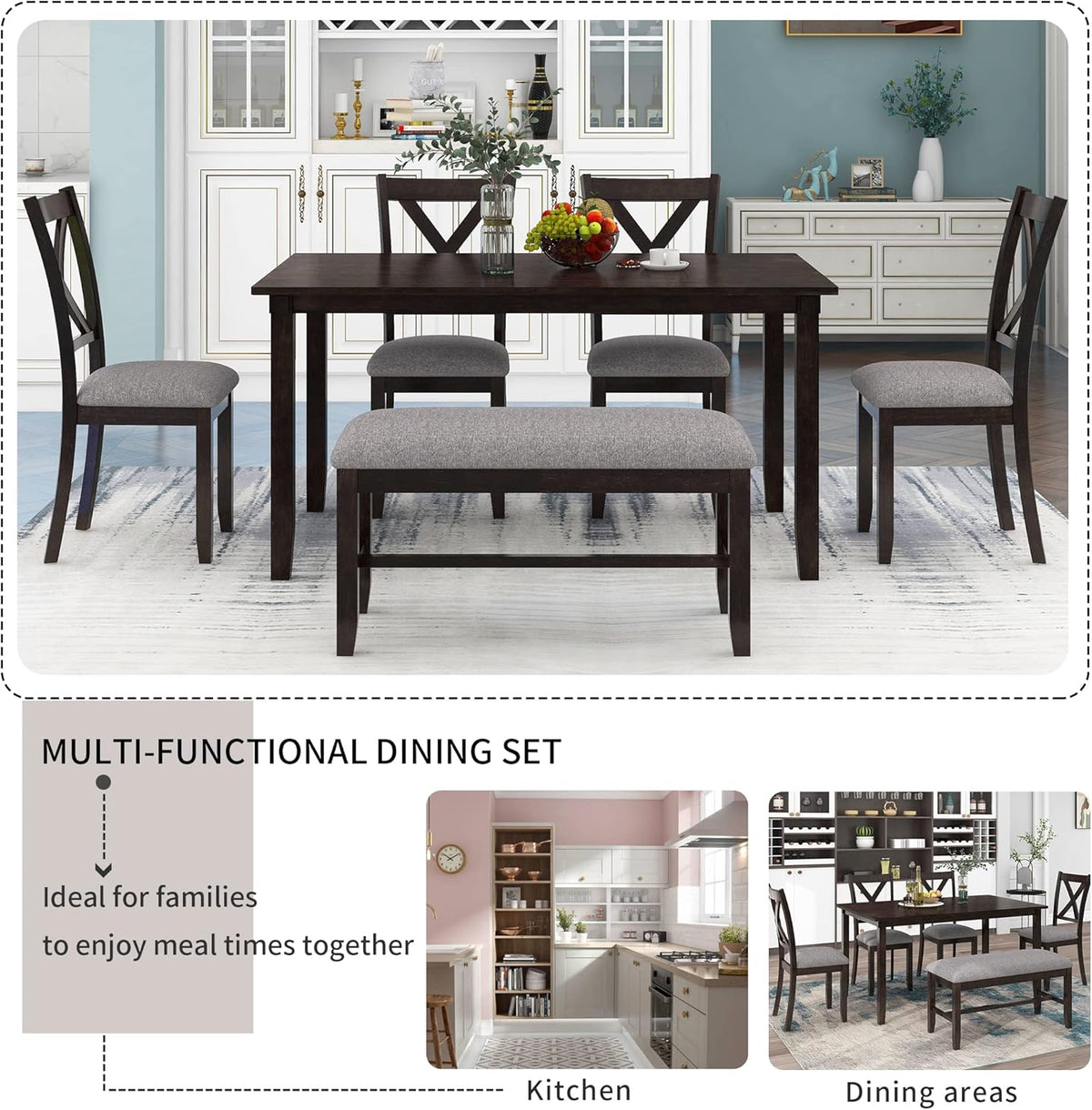 6 Pieces Dining Table Set with 60" Rectangle Kitchen Desk,Living Room Furniture W/ 4 "X-Shaped Curved Backres Fabric Chairs & 1 Bench,for Restaurant,Home Bistro,Espresso