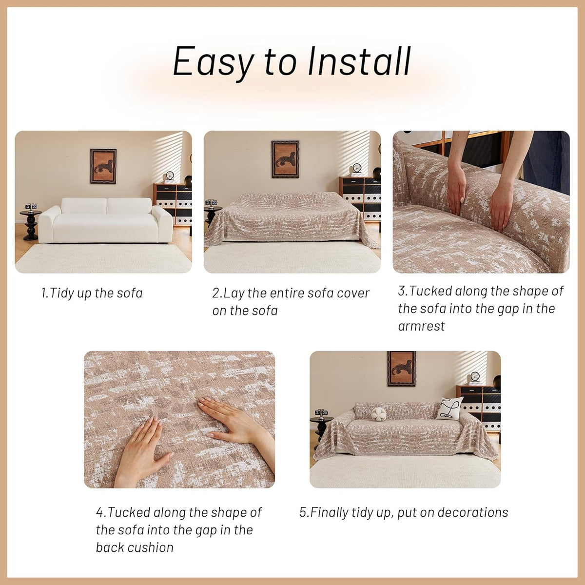 MYSKY HOME Couch Covers for 3 Cushion Couch Sofa, Chenille L Shape Sectional Couch Cover - Pet-Friendly, Machine Washable, Non-Slip Sofa Protector for Dogs, Kids, 71"x118", Khaki Blur Mottling