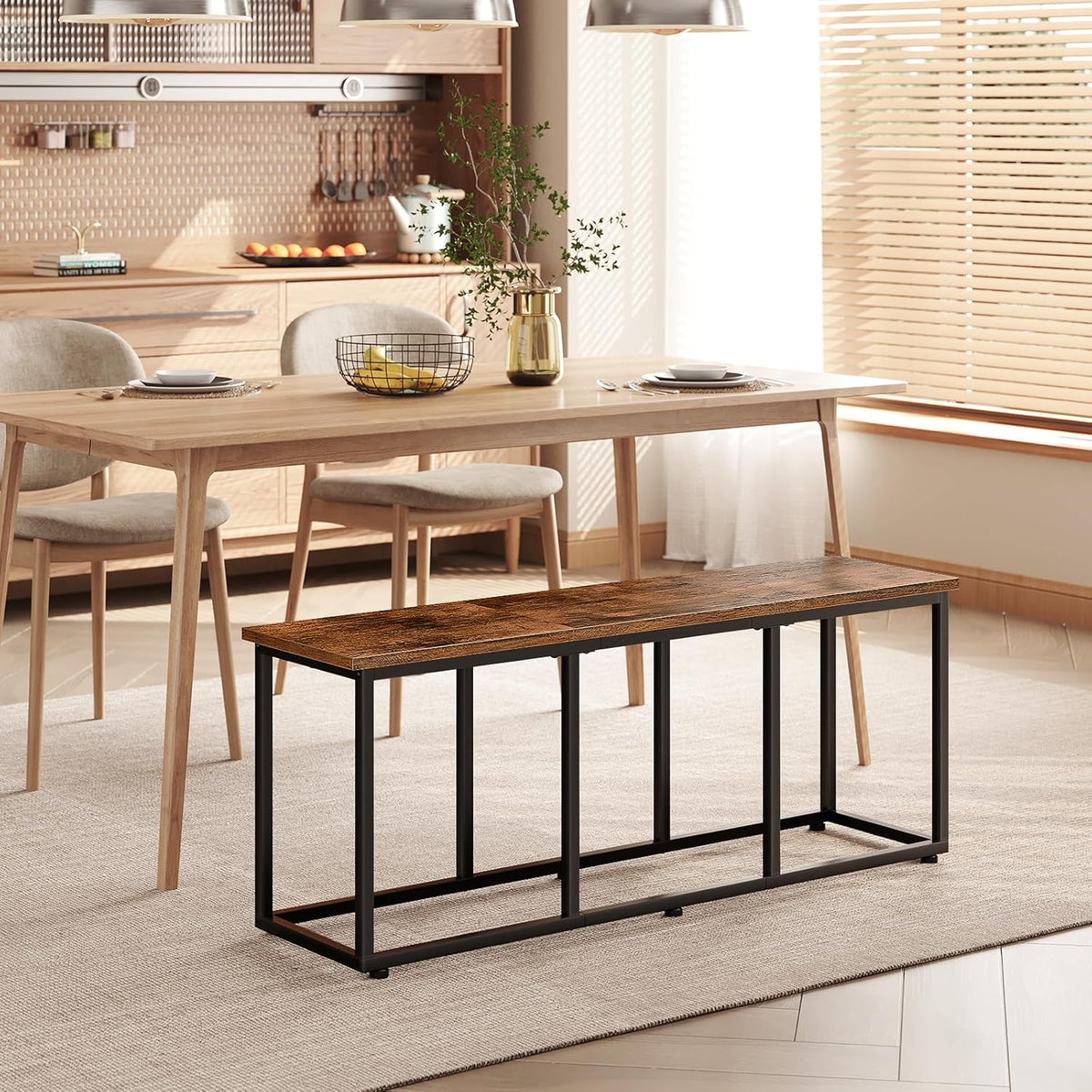 HOOBRO Dining Bench, 47.2 Inch Dining Table Bench, Industrial Style Kitchen Bench, Steel Frame, Easy to Assemble, for Kitchen, Dining Room, Rustic Brown and Black BF45CD01