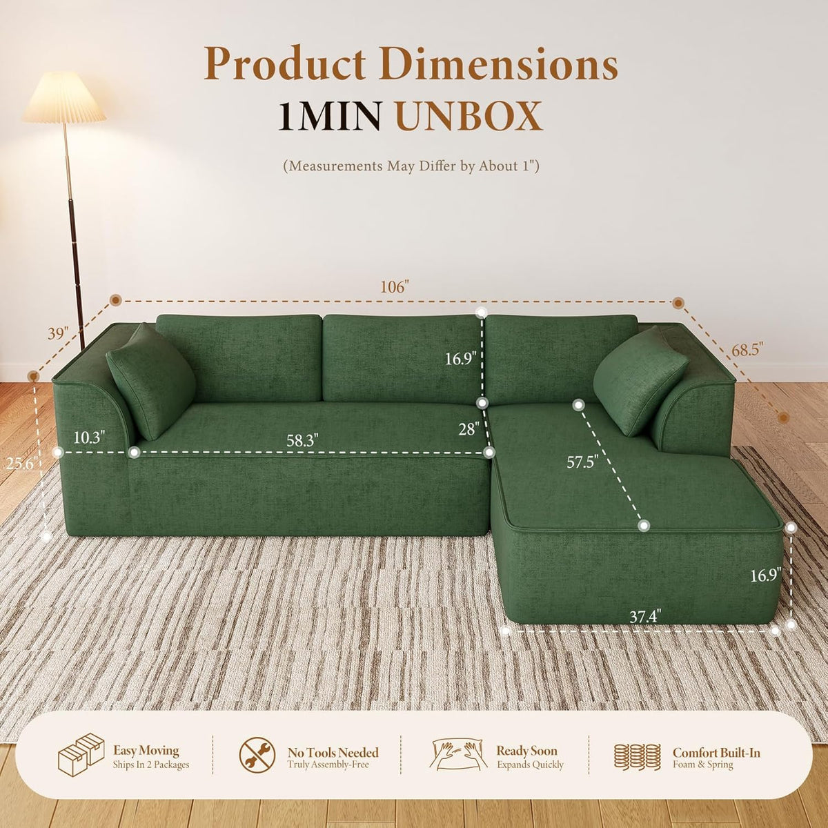 Vesgantti 106" Cloud Sectional Couch with Chaise, Deep Seat Modular Sectional Sofa Chenille Memory Foam Sofa Boneless Couches for Living Room Bedroom, No Assembly Required (Green, Right-Facing Chaise)