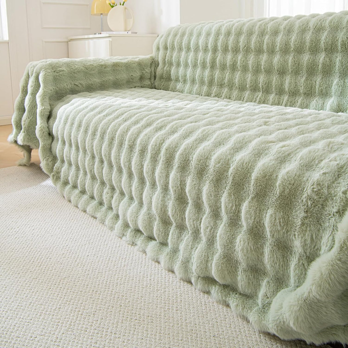 VM VOUGEMARKET Thick Faux Rabbit Fur Couch Cover 1-Piece Non-Slip Warm Soft Cozy Sofa Covers,Fluffy Plush Sofa Slipcover Furniture Protector for Kids,Pets(Green,71" x 118")