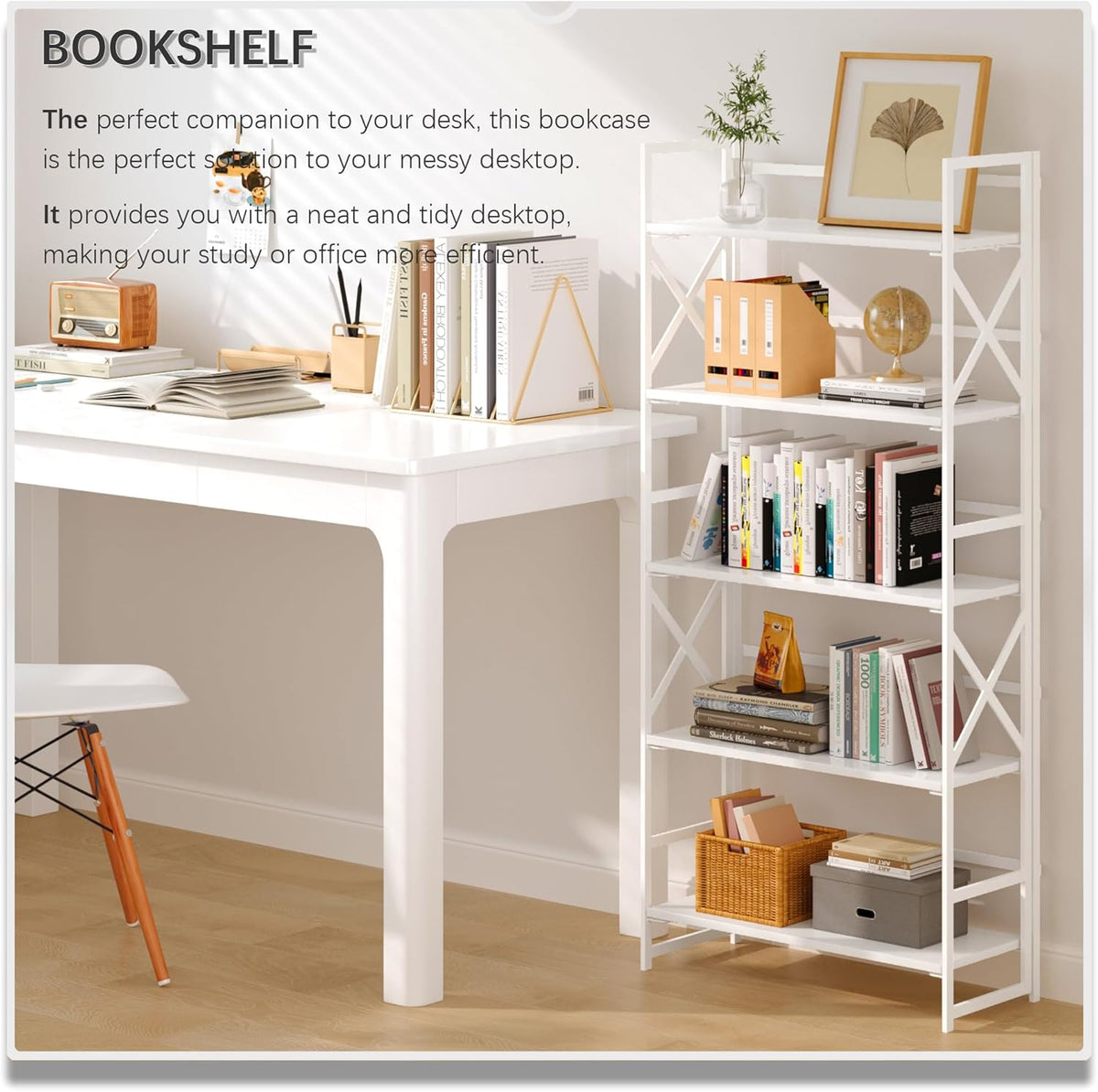 4NM 6 Tiers No Assembly Book Shelves, 61.8" H Folding Bookshelf Bookcase Open Industrial Foldable Shelves for Bedroom, Living Room, Home Office - All White