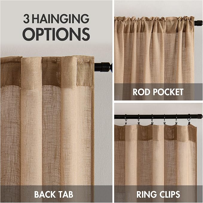 MIULEE Light Brown Linen Curtains 63 Inch Length 2 Panels