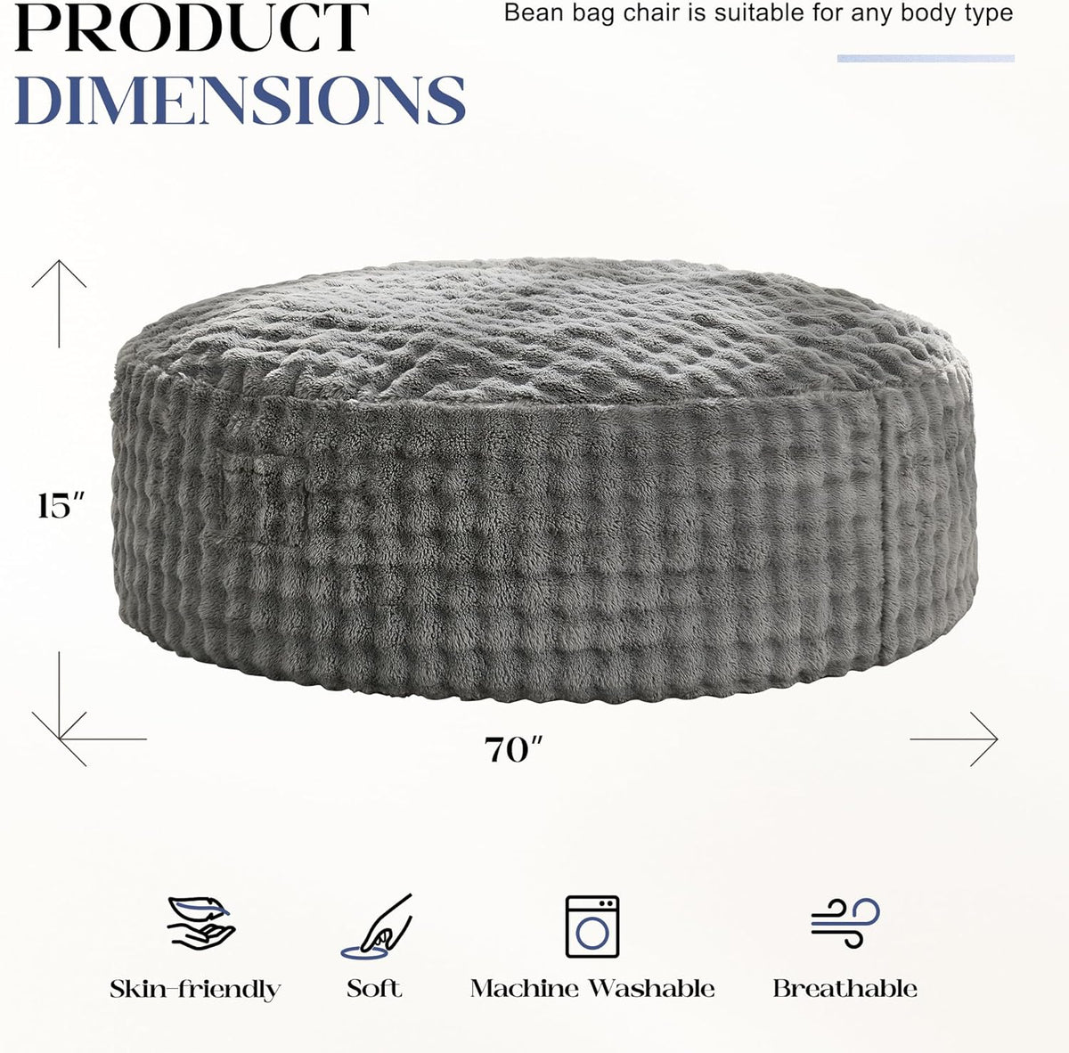 Hobestluk Bean Bag Chairs 6ft Beanbag Chair with Filler Adult Bean Bags with Fluffy & Machine Washable Cover, Giant Bean Bag Chairs for Adults (Grey, 6FT-70" x 70" x 15")