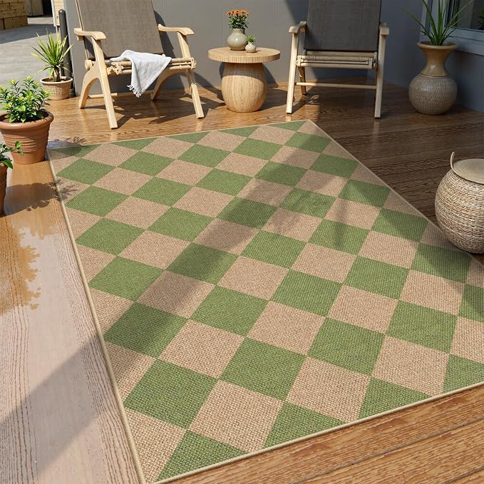 Lahome Colette Green Checkered Easy Jute Rug, 3x5 Washable Outdoor Rug Neutral