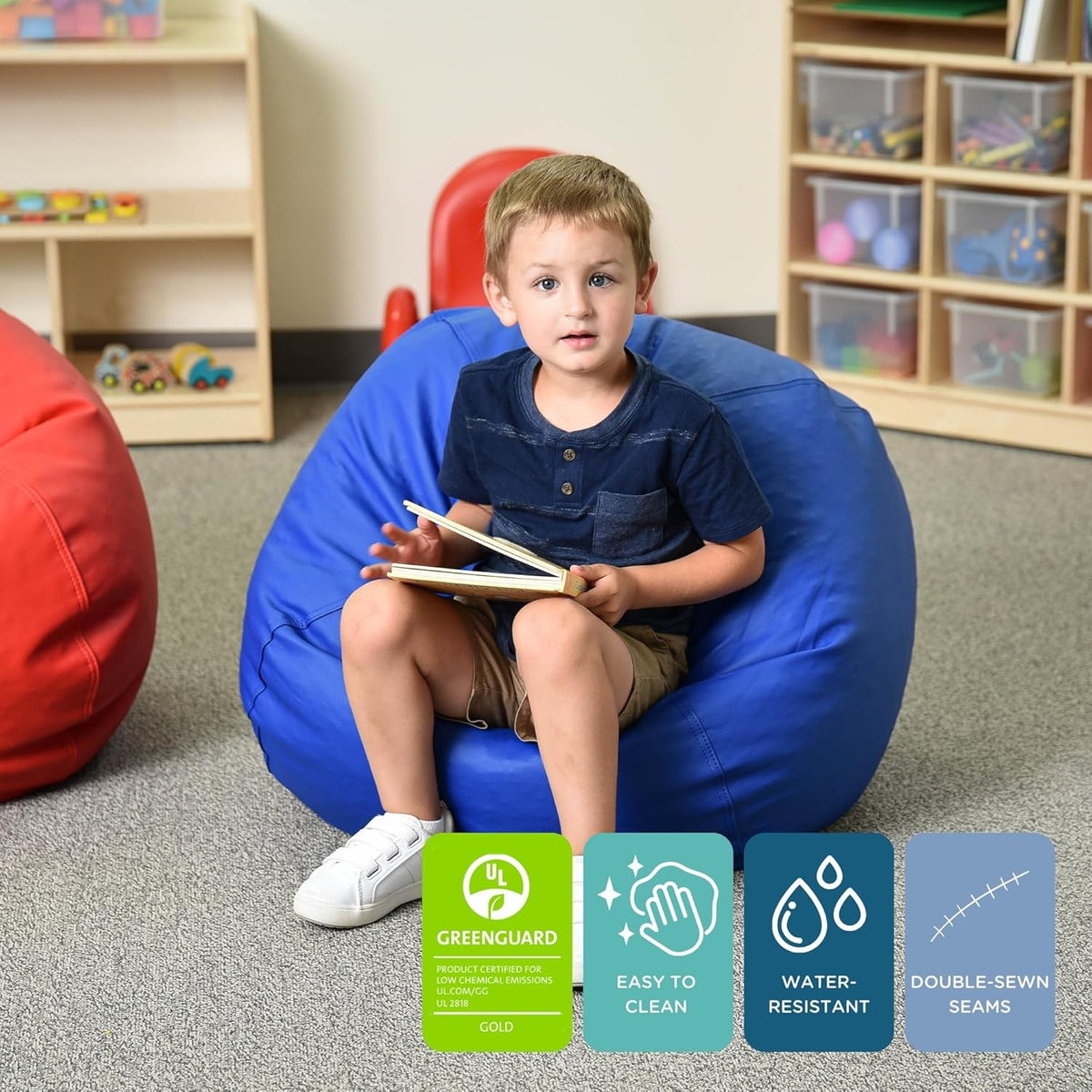 Children's Factory 26" Round Bean Bag, Bean Bag Chair with Water-Resistant Cover for Kids, Flexible Seating for Classroom Elementary, Easy to Clean, Blue