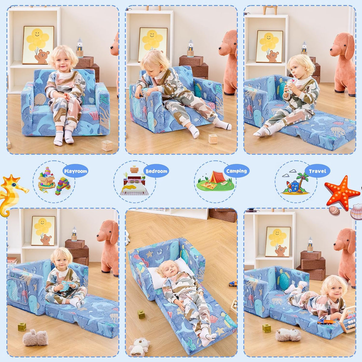 Toddler Chair Comfy,2-in-1 Soft Toddler Couch Fold Out for Kids,Convertible Sofa to Lounger,Gift for Girls and Boys Birthday,Ocean