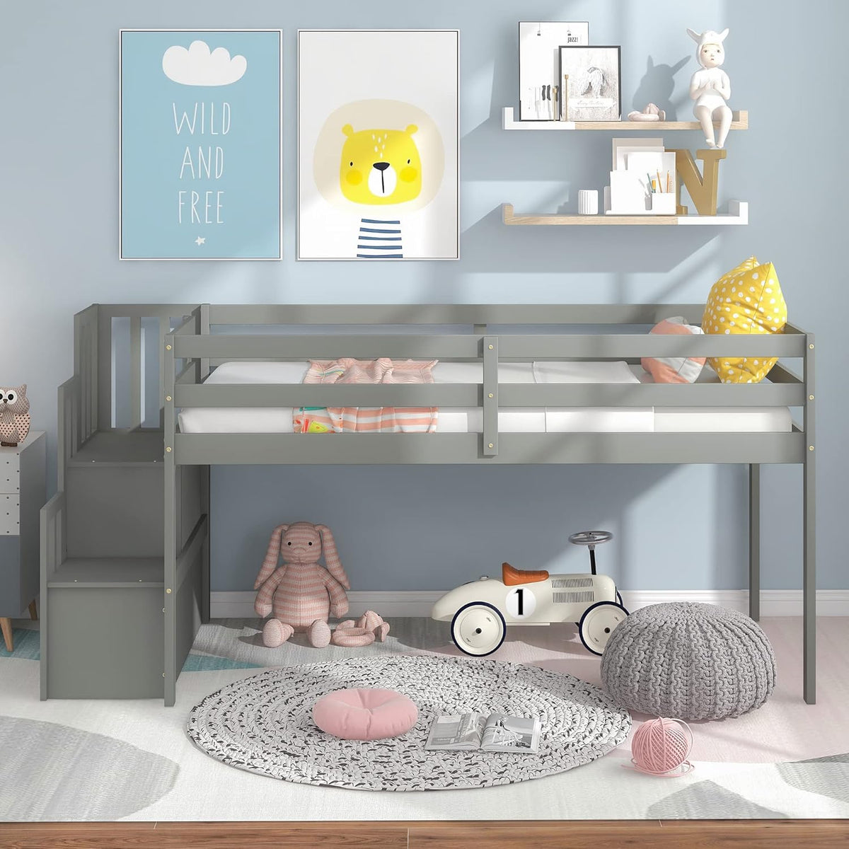HomSof Loft Bed with Stairs and Storage,Gray