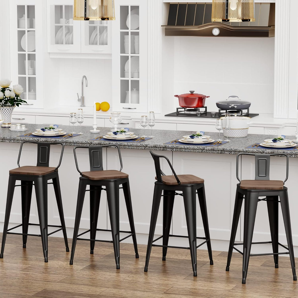 30 Inch Swivel Bar Stools Set of 4 with Backs Counter Height Industrial Metal Barstools Island Bar Chairs for Home Kitchen Dining Room (Swivel 30 inch,Matte Black Wooden)