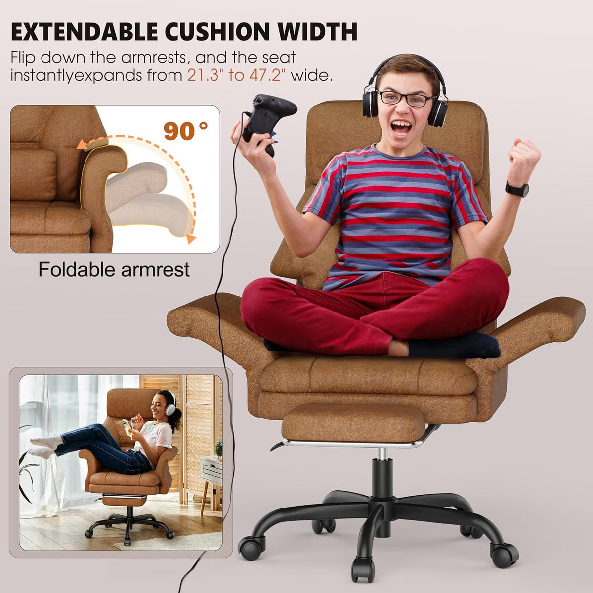 ELABEST C39 Cross Legged Office Chair with Footrest & Convertible Armrests - Pet-Friendly XL Home Desk Chair, Ergonomic Recliner with Lumbar Pillow, Criss Cross Design, Big and Tall Executive Chair